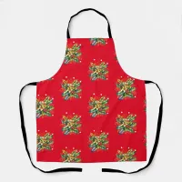 Merry Christmas Holly Leaves Berries Flowers Red Apron