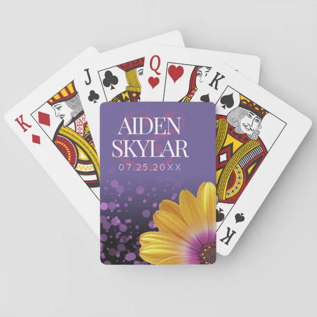 Elegant Golden Daisy with Purple Glitter Wedding Poker Cards