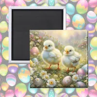 Cute chicks in a meadow with Easter eggs, vintage  Magnet