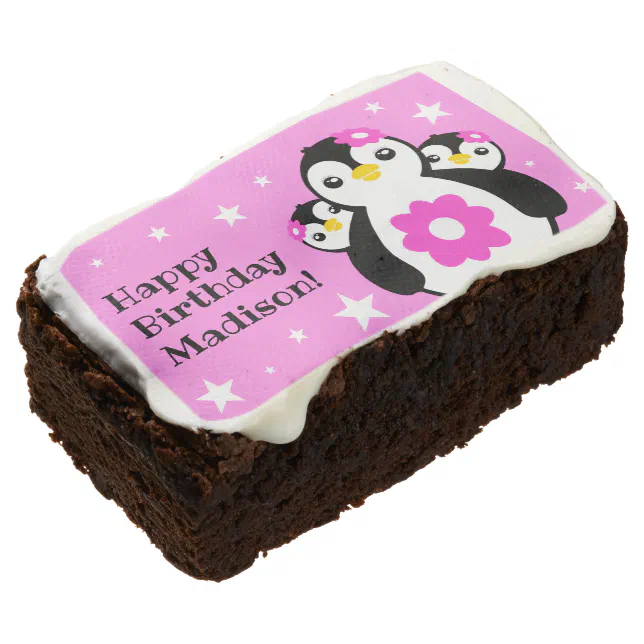 Cute Happy Birthday Girl Penguins Pink Flowers Brownie