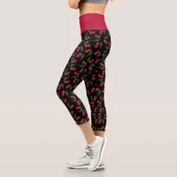 Cute Black And Red Watercolor Cherries Capri Leggings