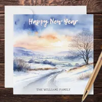 Watercolor Winter Snow Landscape Happy New Year Holiday Card