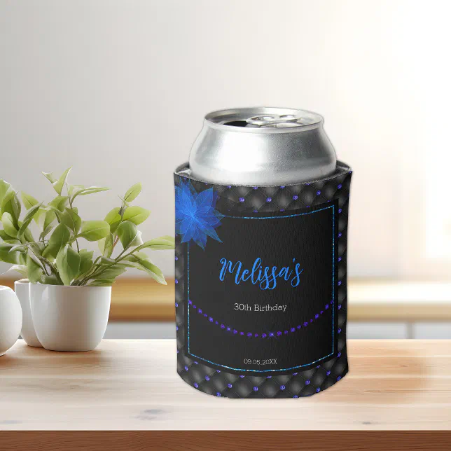 Elegant Black and Blue Birthday Can Cooler