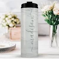 Gray Marble Chic Stylish Signature Script Name Thermal Tumbler