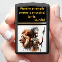 A fierce warrior stands strong beside a lion zippo lighter