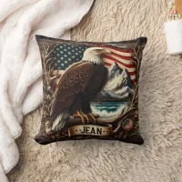 American Eagle With Mountains and Flag Background Throw Pillow