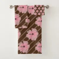 Pink Flowers And Stripes Bath Towel Set