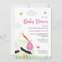 Rustic Stork with Bee & Butterfly Girl Baby Shower Invitation