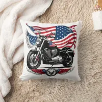 American motorcycle with a flag in the background throw pillow