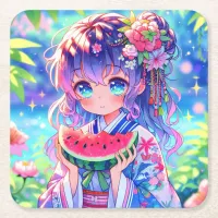 Cute Anime Girl Eating Watermelon on a Summer Day Square Paper Coaster