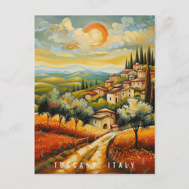 Tuscany at Sunset Oil Painting | Italy Travel Art Postcard