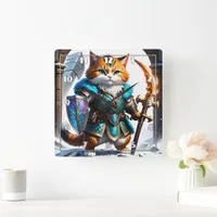 Adventurous Cat Warrior in Magical Armor Square Wall Clock