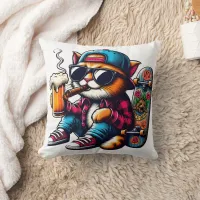 Cat enjoying a drink while skateboarding in style throw pillow