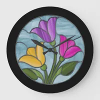 Stained Glass Tulips in Spring Colors Large Clock