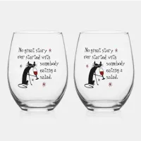 No Great Story Starts with Salad Wine Quote Stemless Wine Glass