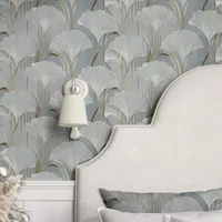 Art Deco Ginkgo Leaves on Blue Wallpaper