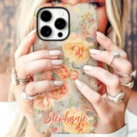 Peach Vintage Floral Custom Name iPhone 16 Pro Max Case