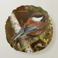 Cute Chestnut-Backed Chickadee on the Pear Tree Round Pillow