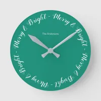 Merry & Bright Turquoise Simple Festive Christmas Round Clock