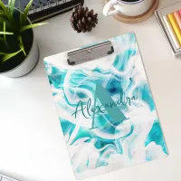 Abstract Chic Teal White Liquid Paint Script Name Clipboard