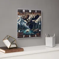 Majestic Moose by the Mountain River at Dusk Square Wall Clock