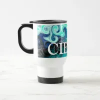 Personalized Teal Blue and Black Fluid Art Marble Travel Mug