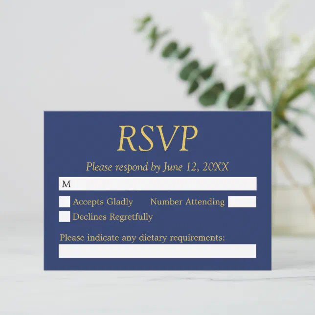 Navy Blue Golden Beige Wedding RSVP Card