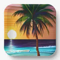Pretty Tropical Palm Tree and Ocean Sunset Paper Plates
