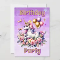 Pretty Pink, Purple and Gold Unicorn Birthday  Invitation