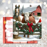 Brown Horse and Cow Christmas Farm Postcard