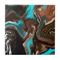 Brown and Blue Marble Swirl Fluid Art    Ceramic Tile