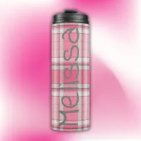 Pink and White Plaid Name Monogram | Thermal Tumbler