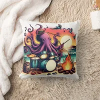 Octopus Playing Drums By The Beach At Sunset Throw Pillow