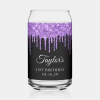 Purple Glitter Drips Black 21st Birthday Can Glass