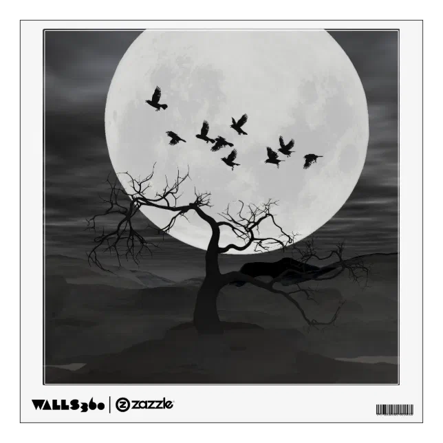 Spooky Ravens Flying Against the Full Moon Wall Sticker