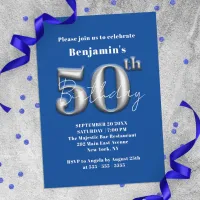 Simple Modern Blue and Silver 50th Birthday Invitation