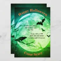 Full Moon, Crow, Bats, Green Tint  Sky Halloween Invitation