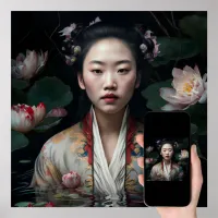 Chinese Lady In Water Lotus Flowers Oil Painting Poster