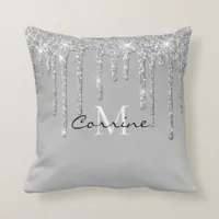 Monogram Silver Dripping Glitter Metallic Platinum Throw Pillow