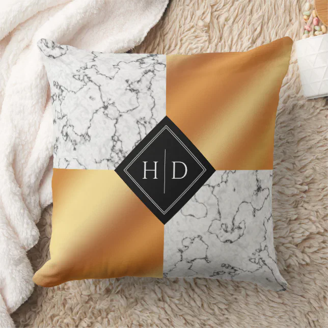 Elegant Marble & Copper Foil Monogram Wedding Throw Pillow