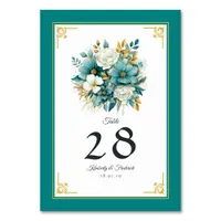 Teal and Gold Floral Wedding Table Number