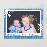 Merry Christmas Blue Plaid Family Photo Card