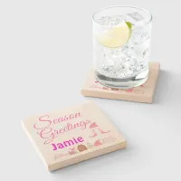 Season Greetings - Pink on White Name Monogram | Stone Coaster