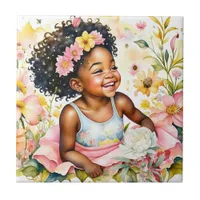 Pretty Little Girl in Pink Flowers Watercolor Art Ceramic Tile