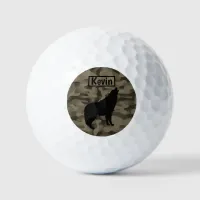 Modern Brown Camo Black Wolf Silhouette Monogram | Golf Balls