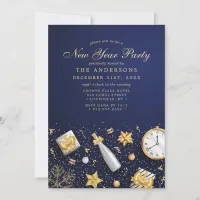 Champagne Confetti Gold Navy Blue New Year Party Invitation