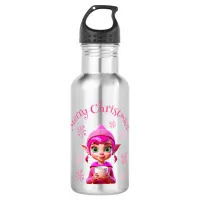 Cute Pink Elf with Coffee or Cocoa Christmas Stainless Steel Water Bottle
