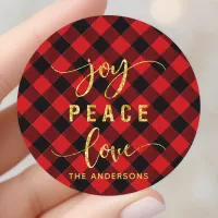 Buffalo Plaid Joy Peace Love Monogram Classic Round Sticker