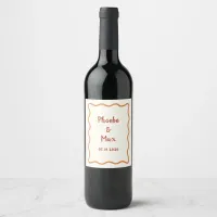 Handwritten Whimsical Wavy Border 70s Wedding  Wine Label