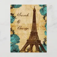 aqua vintage eiffel tower Paris wedding rsvp Invitation Postcard